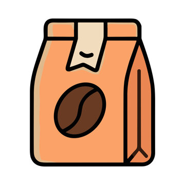 A simple flat design of a coffee bean bag with a coffee bean symbol