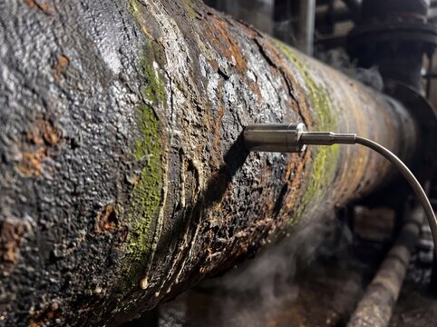 Industrial pipeline corrosion analyzed by thickness gauge in a damp, decaying environment.