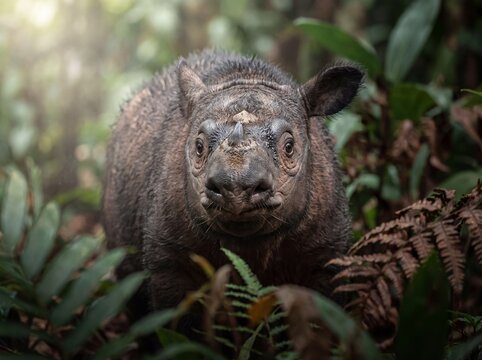 Sumatran rhino cub in dense jungle foliage under dappled natural light.