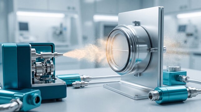 Photometer directs mist through HEPA filter in a high-tech laboratory setting