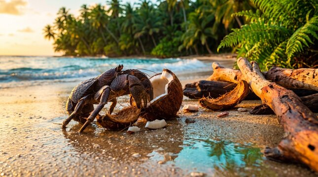 Robber crab prying open a coconut on a secluded tropical beach