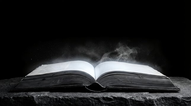 A Mystical and Magical Book or Bible Representing the Magic of Reading Storytelling Education and Religion with a Black Background and Space for Text magical book or bible the magic of reading