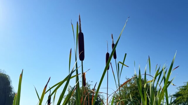 Low angle view of brown cattail spikes and green reed stems pointing up toward blue sky