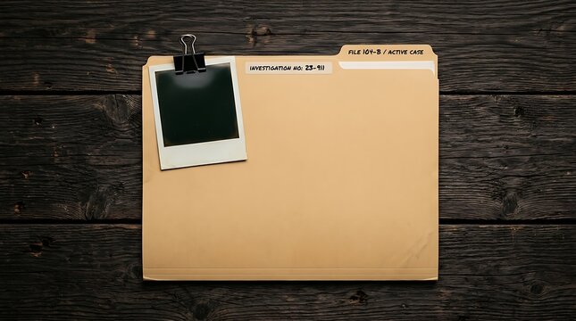 Crime Investigation Manila File Folder with Blank Polaroid Photo and Binder Clip on Dark Rustic Wood Background, Secret Evidence Document Mockup for Detective Mystery Concept.