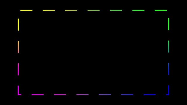 multi color dashed border animation with rotating rainbow circle and central dotted rectangle futuristic video player overlay graphic element seamless looping asset 4k