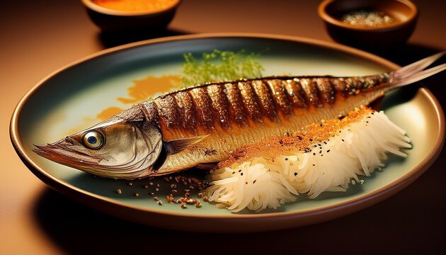 Grilled saury on a ceramic plate with grated daikon