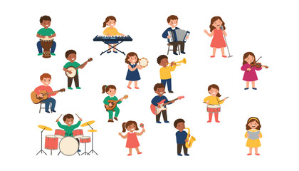 Fototapeta premium Cute cartoon kids playing musical instruments vector illustration set featuring children singing and performing in a school band