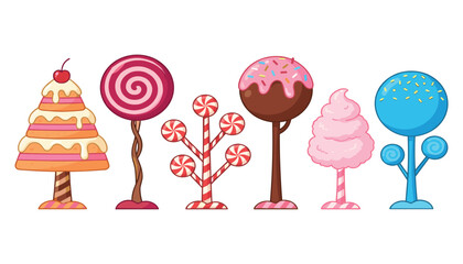 Naklejka premium Cute cartoon candy land trees vector set featuring lollipop cotton candy cake and sweets icons isolated on white background