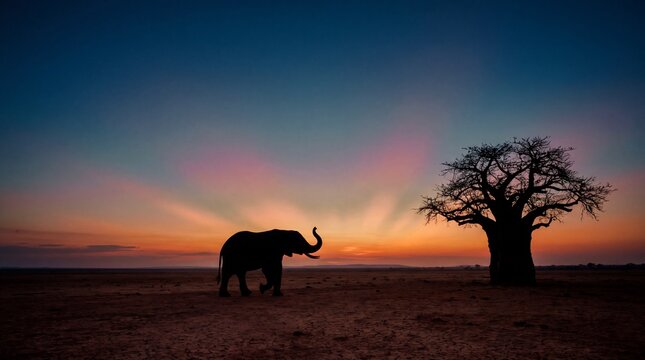 Silhouette of elephant and baobab against the vibrant blue hour savanna sky