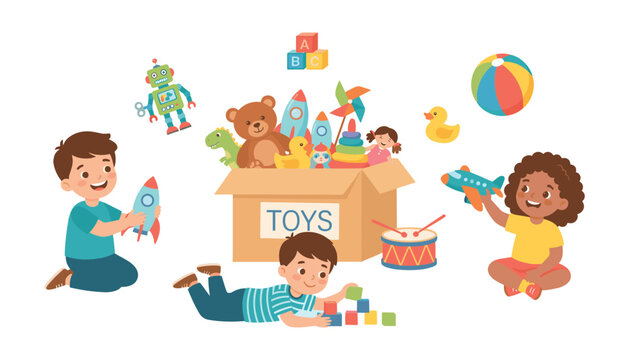 Cute cartoon children playing with diverse toys from a cardboard box vector illustration concept for playroom or nursery