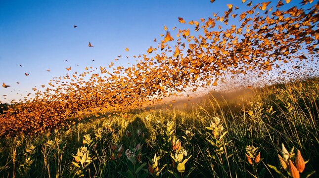 Monarch butterfly swarm moves across a meadow under golden hour light.