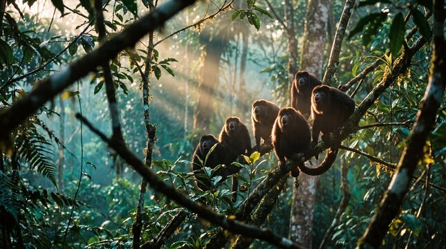 Howler monkey troop calling through the wet tropical rainforest canopy at dawn