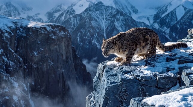 Snow leopard stalking on a cliff edge in a formidable alpine dawn setting