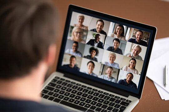 Video conference meeting with remote business colleagues on a virtual laptop screen