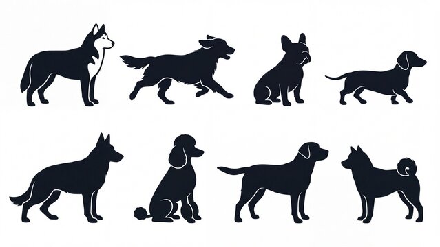 Dog breeds silhouettes set flat vector pet icons on white background