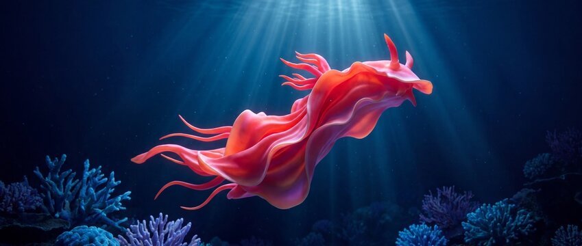 Vibrant nudibranch swims through deep-sea water, embodying graceful, flowing movement.