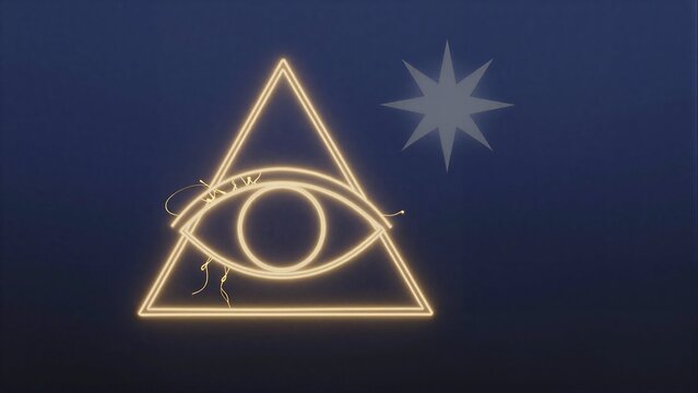 Glowing eye in triangle, star above, dark blue background.