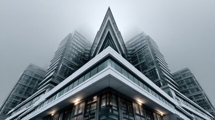 Naklejka premium Modern Architecture in Fog with Sharp Angles and Unique Design