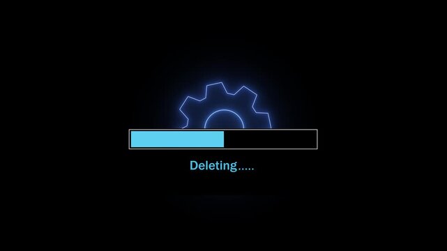Digital data deletion process animation featuring a glowing blue progress bar and rotating gear on a dark background, representing cybersecurity, system maintenance, and file removal concepts
