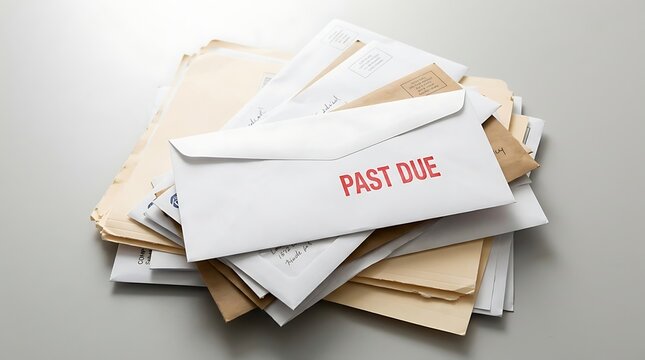 Pile of Mail with Past Due Red Stamp on White Envelope representing Financial Debt, Overdue Bills, Bankruptcy and Economic Crisis on Neutral Background