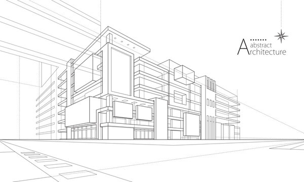 3D abstract urban architecture outlined in black and white, showcasing imaginative construction and perspective.