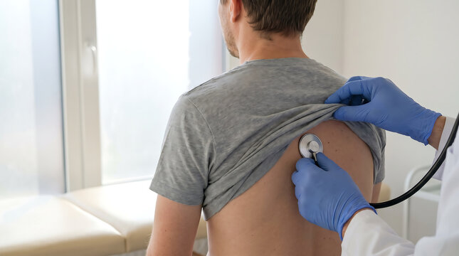 Close up of a healthcare professional using a stethoscope on a male patient's upper back, representing lung examination, breathing check and primary care.