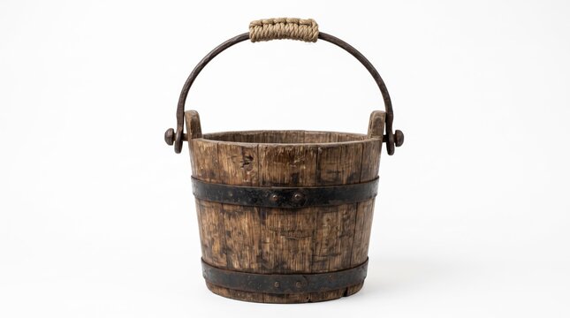 Rustic old wooden bucket with metal handle