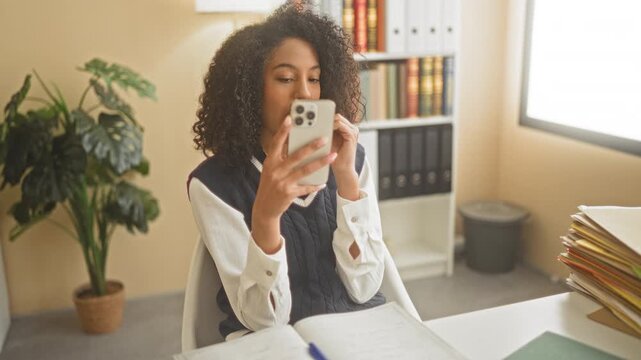 Woman in student uniform holding smartphone and pastry, hand raised while seated at desk in building study area; academic concentration.