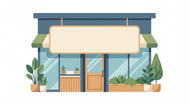Modern storefront with blank sign and potted plants in flat design style