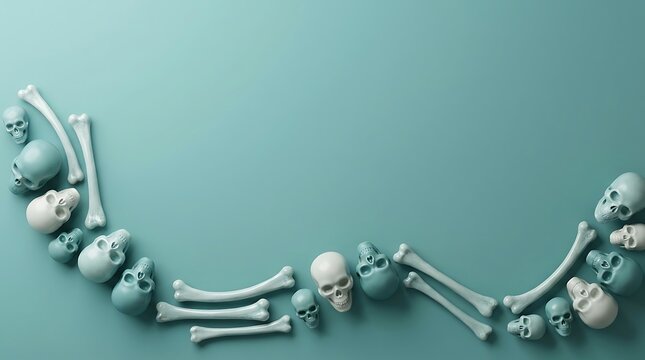 3 d flat lay of white skulls and bones on a teal background
