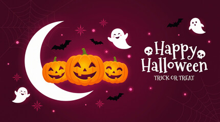 Fototapeta premium Happy Halloween greeting card background with cute pumpkins ghosts bats and crescent moon