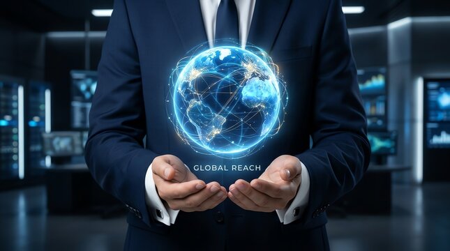 Global connectivity business concept with businessman holding a digital globe displaying worldwide network connections