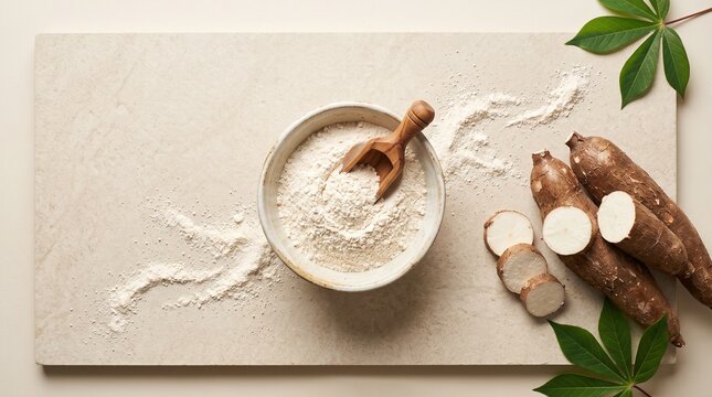 Fresh tapioca flour and cassava roots on light background.
