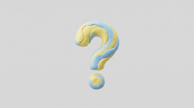 A three dimensional question mark symbol made of swirling blue and yellow clay.