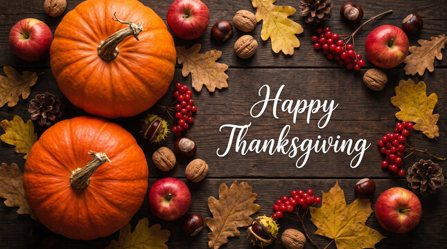 Happy Thanksgiving greeting card with pumpkins apples nuts and autumn leaves on rustic wood background