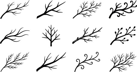 Fototapeta premium Dry winter tree branch silhouettes and decorative twig elements vector set featuring hand drawn gothic spooky botanical floral outlines on white background'