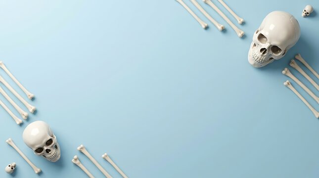 Human skulls and scattered bones arranged on a light blue background