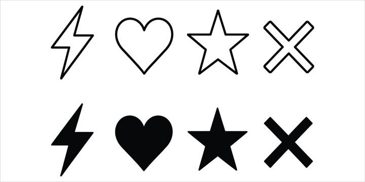 Set of black and white vector icons including lightning heart star and cross