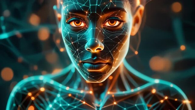 Futuristic digital facial recognition scan with glowing blue wireframe mesh and orange neural data points on a woman's face.