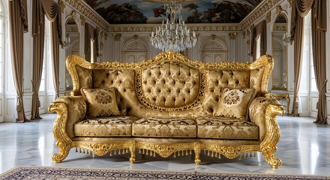 Ornate gold sofa with eagle armrests in opulent ballroom