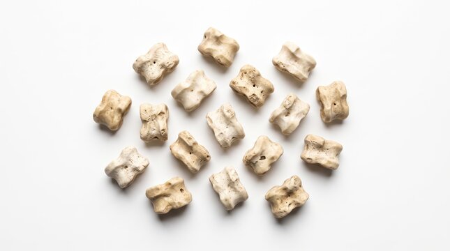 Many crunchy bone shaped dog treats on a surface