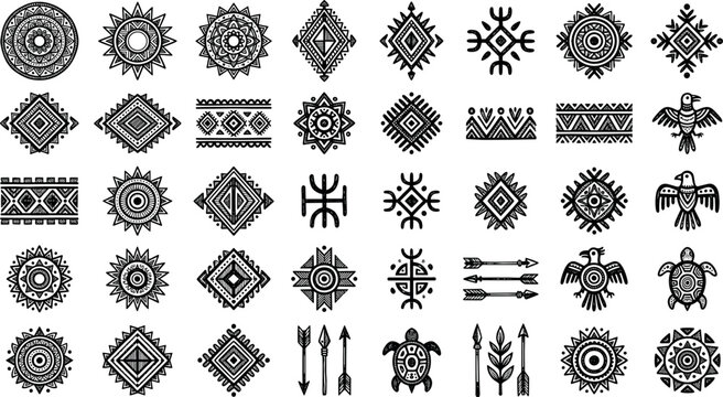 Abstract Native American and Aztec ethnic tribal symbols vector mega set featuring geometric ornaments suns turtles birds arrows and decorative borders