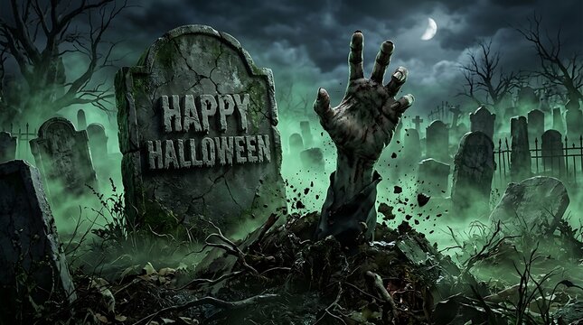 Spooky halloween graveyard scene with a zombie hand emerging from the ground and a weathered tombstone under a moonlit misty sky