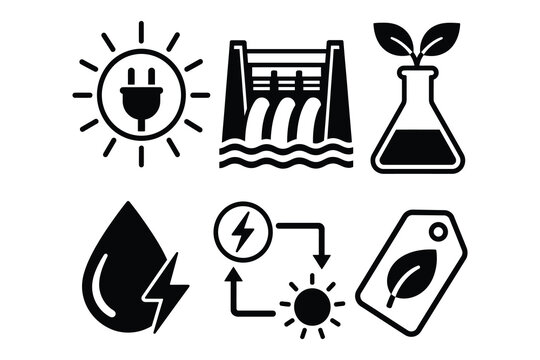 Set of renewable energy and ecology icons with sun and water dam