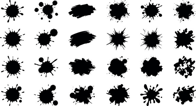 Black ink splatter and grunge paint blot vector set featuring abstract messy liquid drops spray splats and textured brush strokes