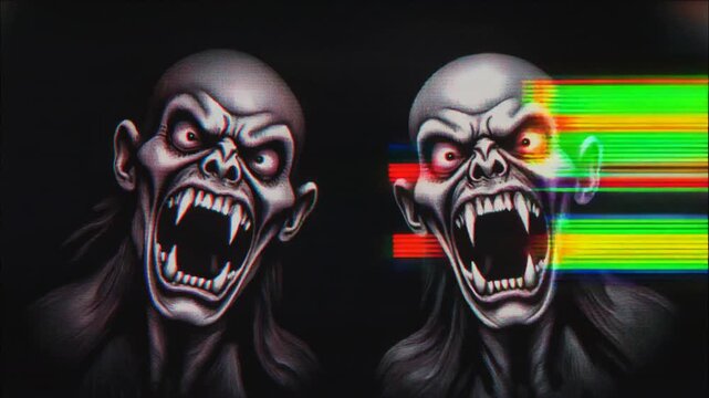Scary monster faces screaming with glitch distortion effects and horror aesthetic, found footage style motion graphics for spooky cinema.