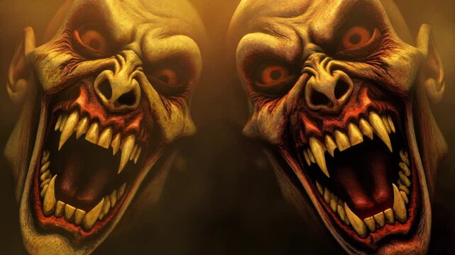 Cinematic animation of two terrifying demonic faces with glowing eyes and sharp teeth screaming through thick orange smoke and shadows.