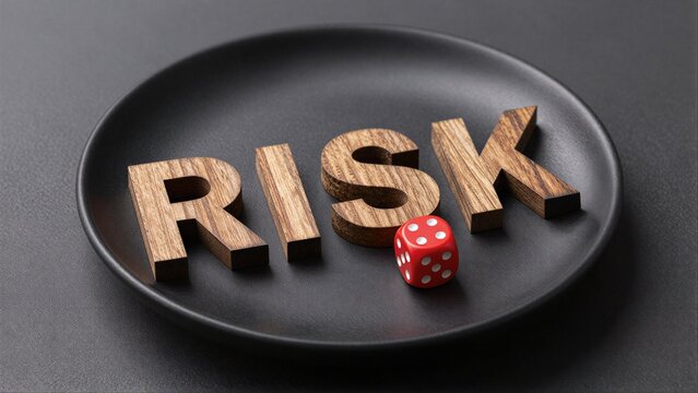 Wooden RISK letters and a red die on a black plate, symbolizing gamble.