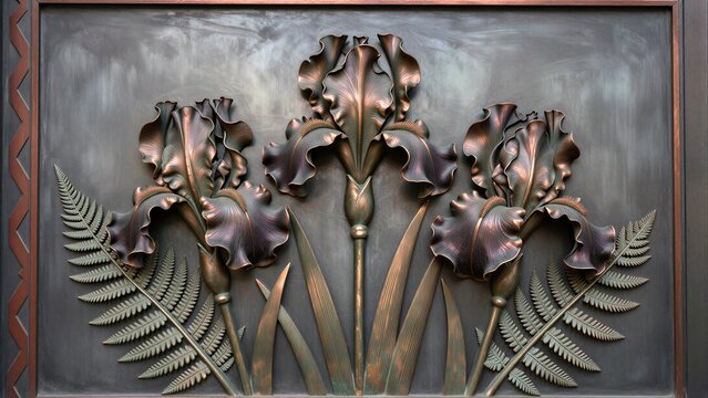 Bronze iris and fern relief on dark metal panel with ornate frame.