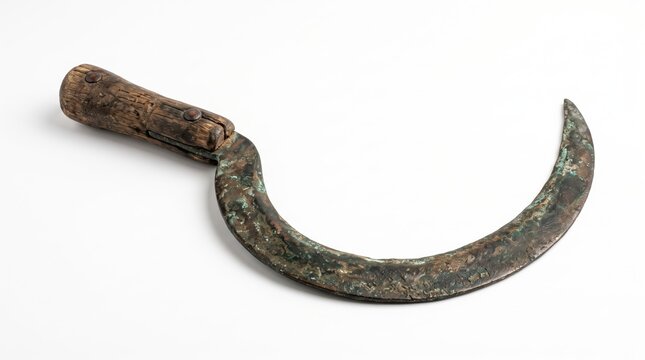Old rusty metal sickle with a wooden handle